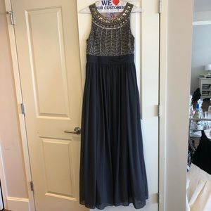 Gray Silver Empire Waist Floor Length Dress Pocket